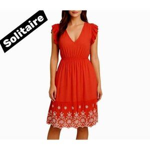 Solitaire Size M coral orange red eyelet floral dress with ruffle sleeves